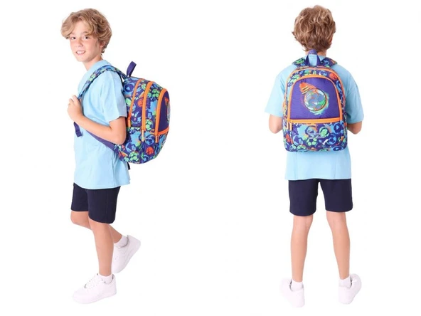 Kaukko Kids Erkek Çocuk Okul Çantası ve Isı Yalıtımlı Beslenme Çantası Seti (L5269+L7269) Futbol Topu Baskılı - Lacivert Turuncu - Resim 3