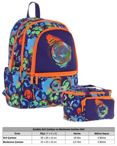 Kaukko Kids Erkek Çocuk Okul Çantası ve Isı Yalıtımlı Beslenme Çantası Seti (L5269+L7269) Futbol Topu Baskılı - Lacivert Turuncu - Resim 2