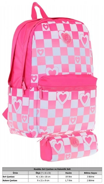 Kaukko Nature Dama ve Kalp Desenli Pembe Kız Çocuk Okul Çantası ve Kalemlik Okul Seti - Resim 2