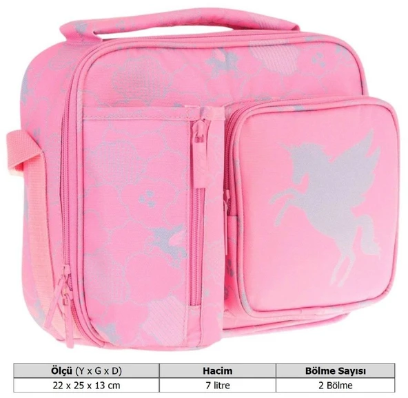 Kaukko Kız Çocuk, Pembe, Bulut Desenli Isı Yalıtımlı Üç Bölmeli (Matara Cepli) Okul Beslenme Çantası L7218 - 3