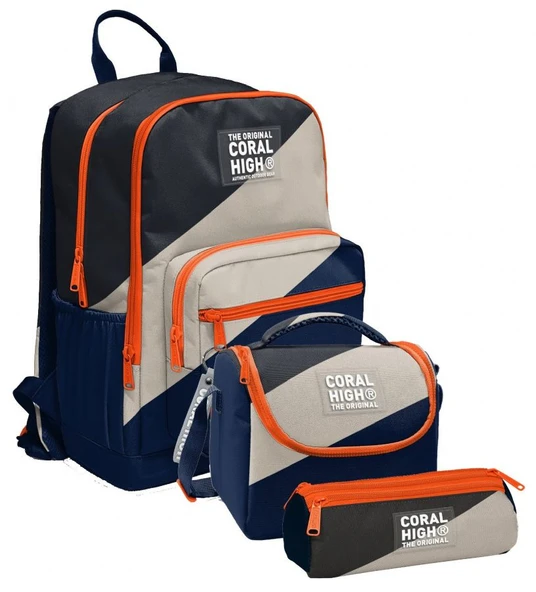 Coral High İlkokul ve Ortaokul Okul Çanta Üçlüsü - Erkek Çocuk, Lacivert Bej Renkli Çizgili ürün görseli