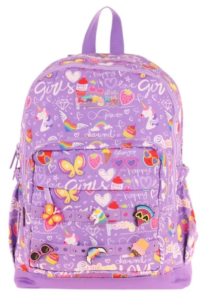 Kaukko Kids Dört Bölmeli Kız Çocuk Silikon Aksesuarlı Mor İlkokul Çantası - Resim 8