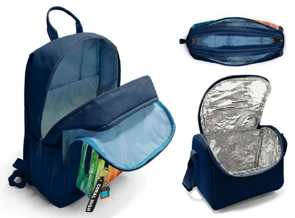 Coral High İlkokul ve Ortaokul Okul Çanta Üçlüsü - Erkek Çocuk, Lacivert Çok Renkli Çizgi Desenli - Resim 5