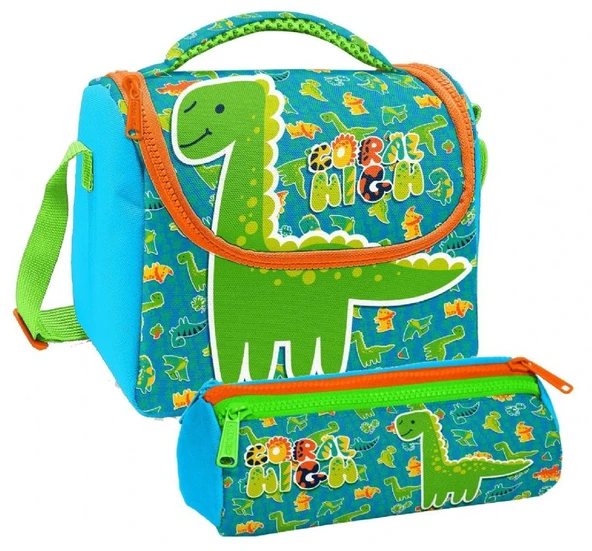 Coral High Erkek Çocuk Mavi Yeşil Dinazor Thermo Beslenme Çantası ve Üç Bölmeli Kalemlik Seti ürün görseli