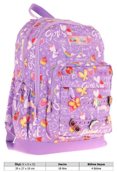 Kaukko Kids Dört Bölmeli Kız Çocuk Silikon Aksesuarlı Mor İlkokul Çantası - Resim 10