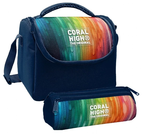 Coral High Erkek Çocuk Lacivert Çok Renkli Çizgi Desenli Thermo Beslenme Çantası ve Üç Bölmeli Kalem Çantası Seti ürün görseli