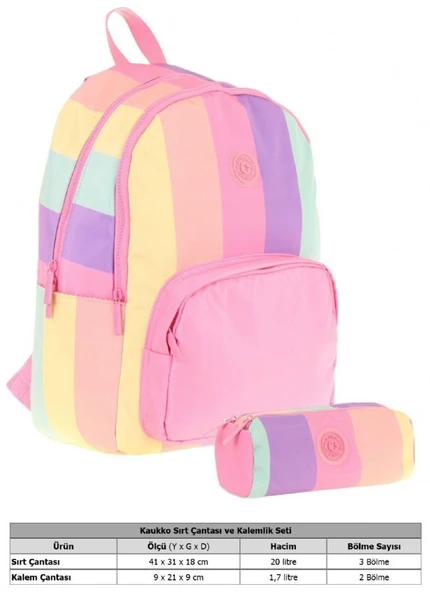 Kaukko Çizgili Pembe Çok Renkli Kız Çocuk Okul Çantası ve Kalemlik Seti (KK - K1802+KK - K2713) - Resim 2