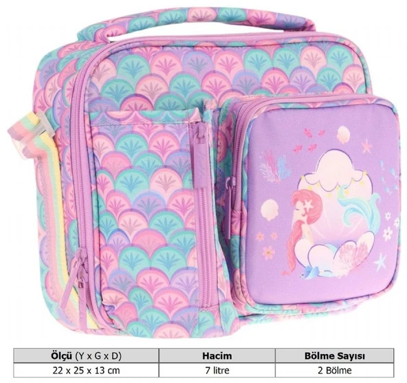 Kaukko Kız Çocuk, Mor Yeşil, Denizkızı Baskılı Isı Yalıtımlı Üç Bölmeli (Matara Cepli) Okul Beslenme Çantası L7225 - 3