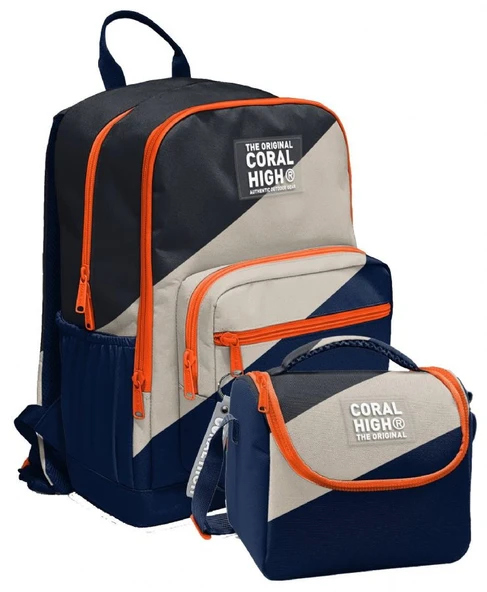 Coral High İlkokul ve Ortaokul Sırt Çantası ve Beslenme Seti - Erkek Çocuklar İçin Lacivert Bej Renkli Çizgili - Resim 4