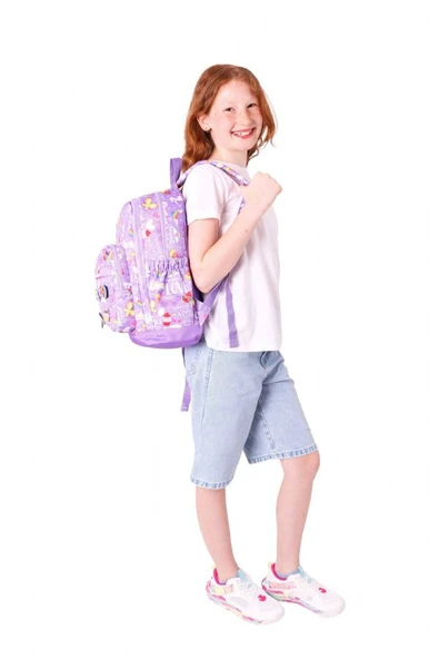 Kaukko Kids Dört Bölmeli Kız Çocuk Silikon Aksesuarlı Mor İlkokul Çantası - Resim 11