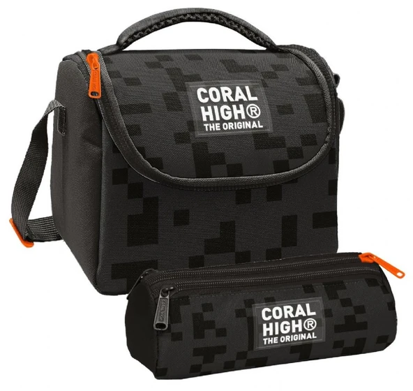Coral High Erkek Çocuk Siyah Blok Desenli Thermo Beslenme Çantası ve Üç Bölmeli Kalem Çantası Seti - Resim 3