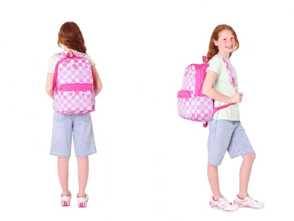 Kaukko Nature Dama ve Kalp Desenli Pembe Kız Çocuk Okul Çantası ve Kalemlik Okul Seti - Resim 3