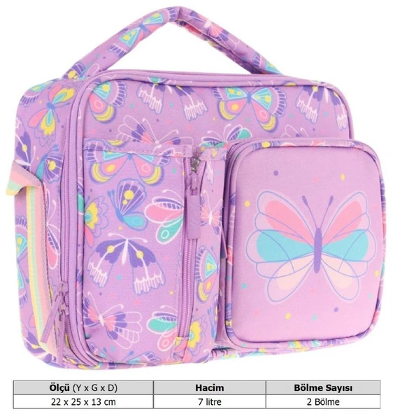 Kaukko Kız Çocuk, Lila, Kelebek Desenli Isı Yalıtımlı Üç Bölmeli (Matara Cepli) Okul Beslenme Çantası L7222 - Resim 3