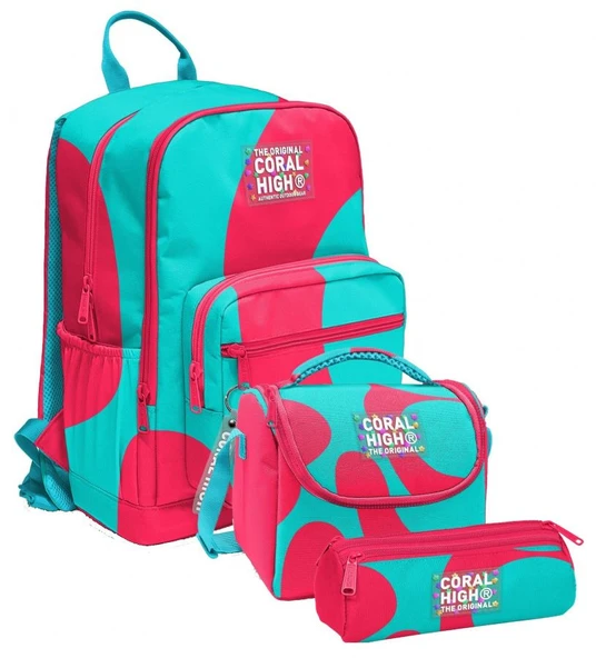 Coral High İlkokul ve Ortaokul Okul Çanta Üçlüsü - Kız Çocuk, Kırmızı Turkuaz Renkli Çizgili - Resim 4