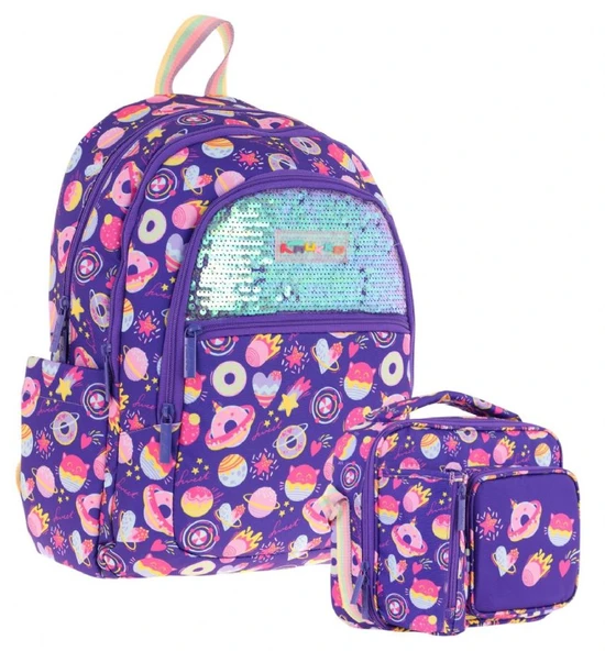 Kaukko Kids Pullu Şekerleme Desenli, Kız Çocuk Mor Okul Çantası + Beslenme Çantası Seti (L5216+L7216) ürün görseli
