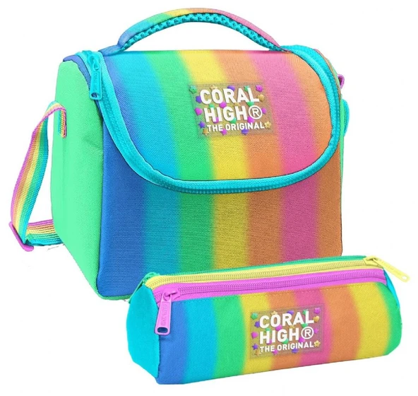 Coral High Kız Çocuk Renkli Çizgili Mavi Turuncu Thermo Beslenme Çantası ve Üç Bölmeli Kalemlik Seti - 3