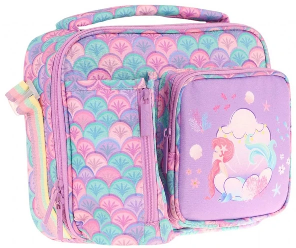 Kaukko Kız Çocuk, Mor Yeşil, Denizkızı Baskılı Isı Yalıtımlı Üç Bölmeli (Matara Cepli) Okul Beslenme Çantası L7225