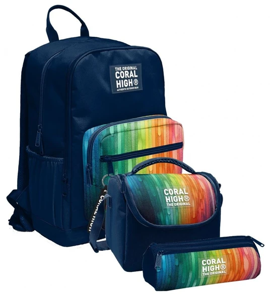 Coral High İlkokul ve Ortaokul Okul Çanta Üçlüsü - Erkek Çocuk, Lacivert Çok Renkli Çizgi Desenli - Resim 4