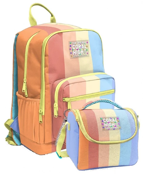Coral High İlkokul ve Ortaokul Sırt Çantası ve Beslenme Seti - Kız Çocuklar İçin Turuncu Sarı Mavi Renkli Çizgili - Resim 4