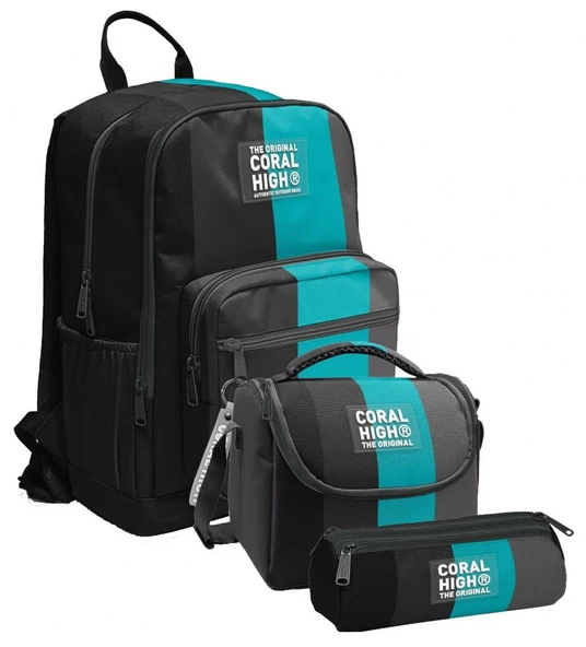 Coral High İlkokul ve Ortaokul Okul Çanta Üçlüsü - Erkek Çocuk, Siyah Turkuaz Çizgili - Resim 4