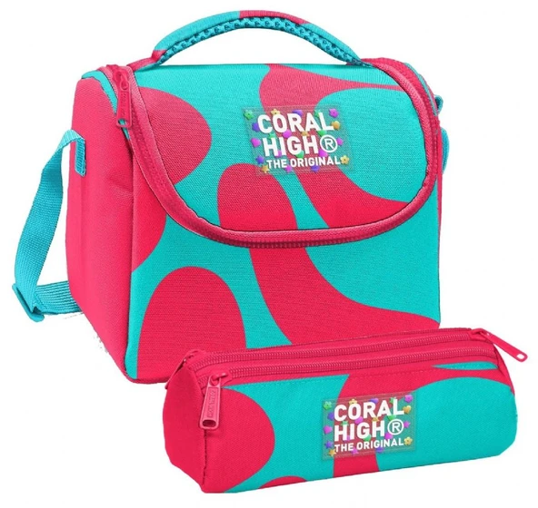 Coral High Kız Çocuk Kırmızı Turkuaz Renkli Çizgili Thermo Beslenme Çantası ve Üç Bölmeli Kalemlik Seti ürün görseli