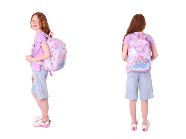 Kaukko Kids Pullu Denizkızı Desenli, Kız Çocuk Pembe Mavi Okul Çantası + Beslenme Çantası Seti (L5217+L7217) - Resim 3