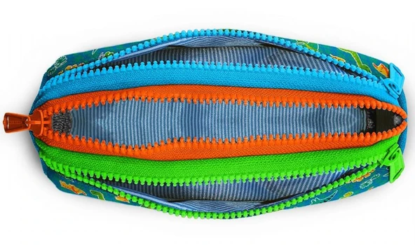 Coral High Yeşil-Turuncu Erkek Çocuk Sevimli Dinazor Baskılı Üç Gözlü Kalem Çantası - Resim 3