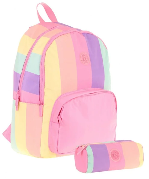 Kaukko Çizgili Pembe Çok Renkli Kız Çocuk Okul Çantası ve Kalemlik Seti (KK - K1802+KK - K2713) ürün görseli