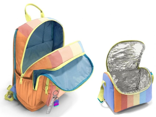 Coral High İlkokul ve Ortaokul Sırt Çantası ve Beslenme Seti - Kız Çocuklar İçin Turuncu Sarı Mavi Renkli Çizgili - Resim 5