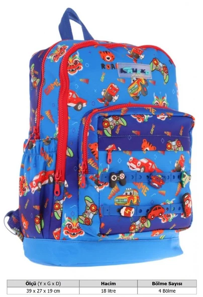 Kaukko Kids Dört Bölmeli Erkek Çocuk Silikon Aksesuarlı Mavi Kırmızı İlkokul Çantası - Resim 4