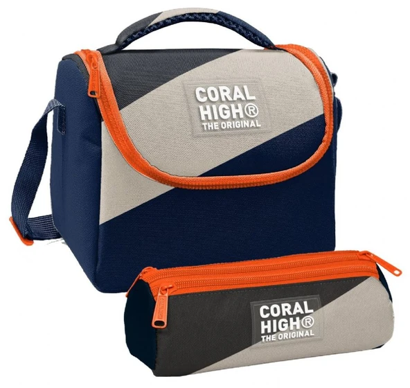 Coral High Erkek Çocuk Lacivert Bej Renkli Çizgili Thermo Beslenme Çantası ve Üç Bölmeli Kalem Çantası Seti ürün görseli