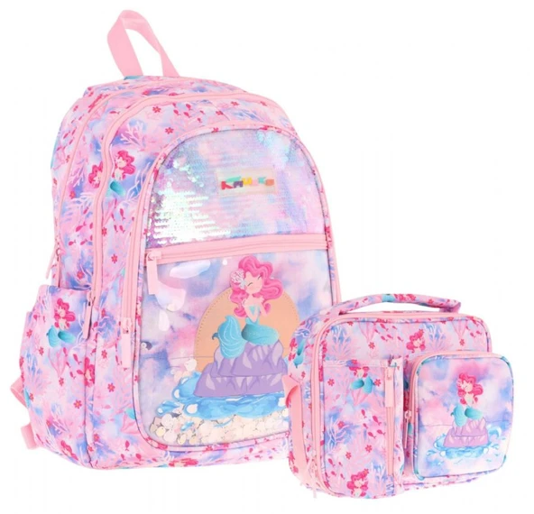 Kaukko Kids Pullu Denizkızı Desenli, Kız Çocuk Pembe Mavi Okul Çantası + Beslenme Çantası Seti (L5217+L7217) ürün görseli