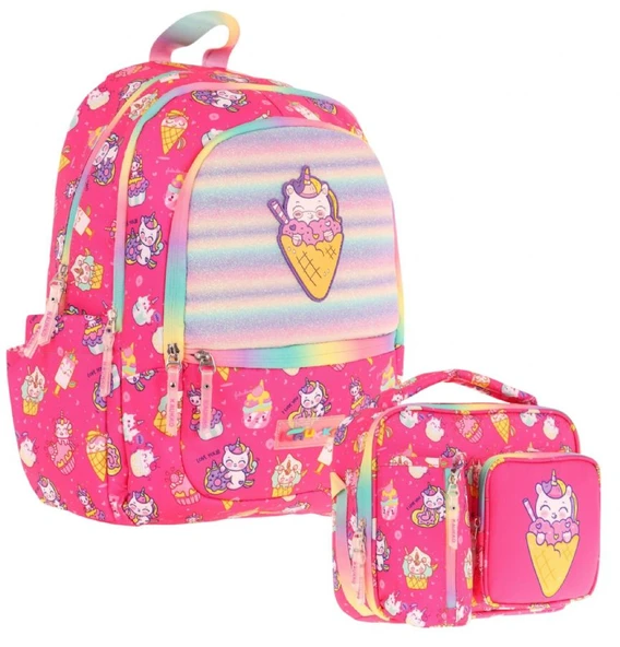 Kaukko Kids Kız Çocuk Okul Çantası ve Isı Yalıtımlı Beslenme Çantası Seti (L5227+L7227) Kauçuk Dondurma - Pembe ürün görseli