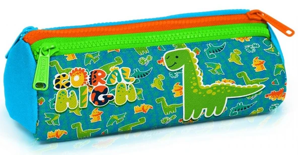 Coral High Yeşil-Turuncu Erkek Çocuk Sevimli Dinazor Baskılı Üç Gözlü Kalem Çantası - Resim 5