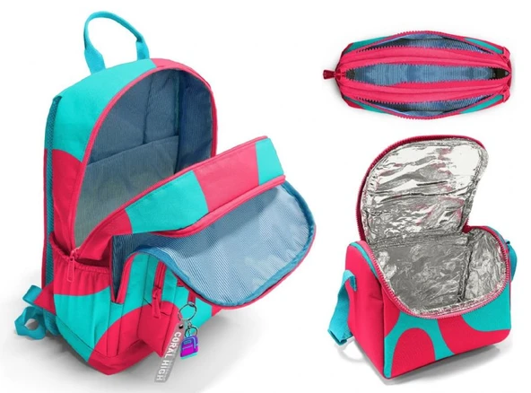 Coral High İlkokul ve Ortaokul Okul Çanta Üçlüsü - Kız Çocuk, Kırmızı Turkuaz Renkli Çizgili - Resim 5