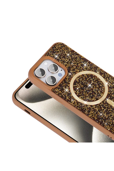 KILIFTECH iPhone 14 Pro Max Kılıf Pırlanta Tasarımlı Magsafe Şarj Özellikli Zore Mozaik Silikon Kapak - Siyah - Resim 4