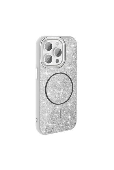 KILIFTECH iPhone 15 Pro Kılıf Magsafe Şarj Özellikli Parlayan Simli Zore Okso Kapak - Gold - Resim 4