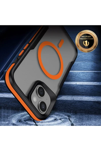 KILIFTECH iPhone 14 Plus Uyumlu Magsafe Şarj Özellikli Renkli Kenar Airbag Şeritli Zore Lamer Kapak-Turuncu - Resim 2