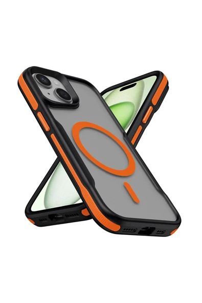 KILIFTECH iPhone 14 Plus Uyumlu Magsafe Şarj Özellikli Renkli Kenar Airbag Şeritli Zore Lamer Kapak-Turuncu ürün görseli