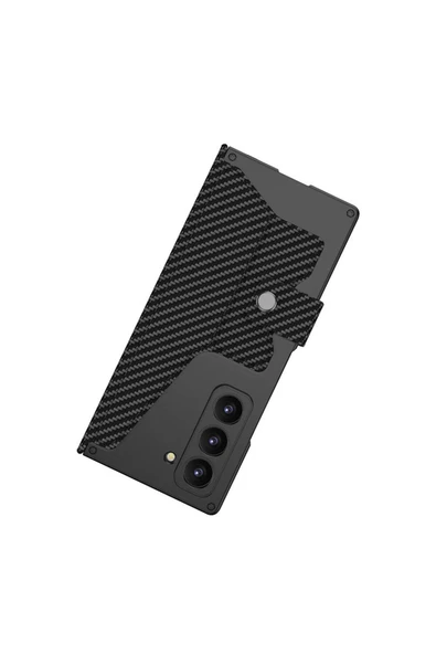 KILIFTECH Galaxy Z Fold 6 Kılıf Kamera Korumalı Karbon Tasarımlı Zore Kıpta Kalemli Fest Kapak-Siyah Karbon - Resim 2