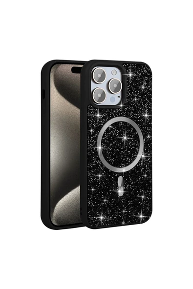 KILIFTECH iPhone 14 Pro Max Kılıf Pırlanta Tasarımlı Magsafe Şarj Özellikli Zore Mozaik Silikon Kapak - Siyah - Resim 7