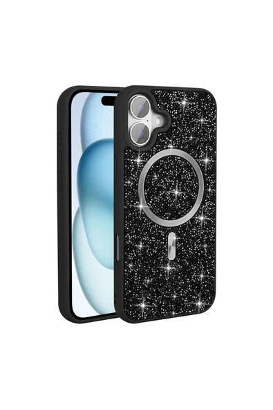 zore iPhone 16 Pro Kılıf Pırlanta Tasarımlı Magsafe Şarj Özellikli Zore Mozaik Silikon Kapak - Siyah - Resim 3