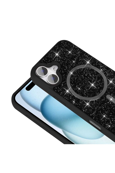 zore iPhone 16 Pro Kılıf Pırlanta Tasarımlı Magsafe Şarj Özellikli Zore Mozaik Silikon Kapak - Siyah - Resim 7