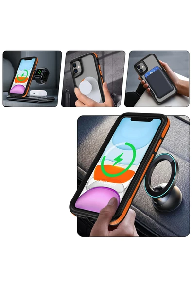KILIFTECH iPhone 11 Uyumlu Magsafe Şarj Özellikli Renkli Kenar Airbag Şeritli Zore Lamer Kapak-Turuncu - Resim 5