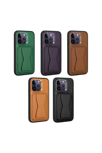 szr store iPhone 14 Pro Uyumlu Kartlıklı Standlı Pu Deri Zore Memo Kılıf-Kahve Açık - Resim 2