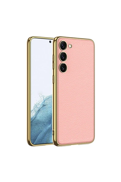 zore Galaxy S23 Uyumlu Deri Görünümlü Kenarları Elektroplating Kaplama Zore Fizyon Kılıf-Pembe ürün görseli