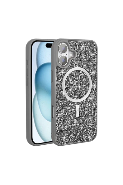 zore iPhone 16 Pro Kılıf Pırlanta Tasarımlı Magsafe Şarj Özellikli Zore Mozaik Silikon Kapak - Siyah - Resim 4