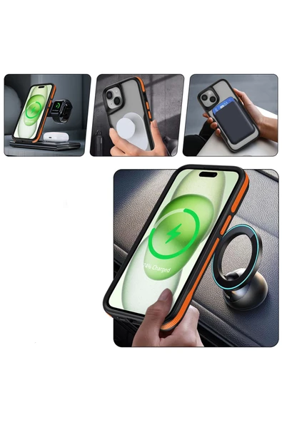 KILIFTECH iPhone 14 Plus Uyumlu Magsafe Şarj Özellikli Renkli Kenar Airbag Şeritli Zore Lamer Kapak-Turuncu - Resim 4