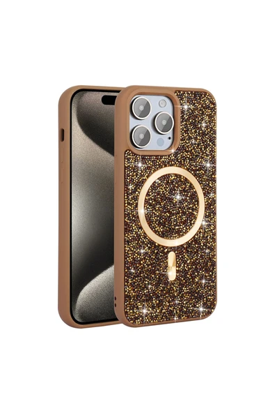 KILIFTECH iPhone 14 Pro Max Kılıf Pırlanta Tasarımlı Magsafe Şarj Özellikli Zore Mozaik Silikon Kapak - Siyah - Resim 3