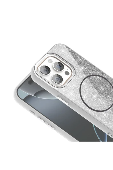 KILIFTECH iPhone 15 Pro Kılıf Magsafe Şarj Özellikli Parlayan Simli Zore Okso Kapak - Gold - Resim 5